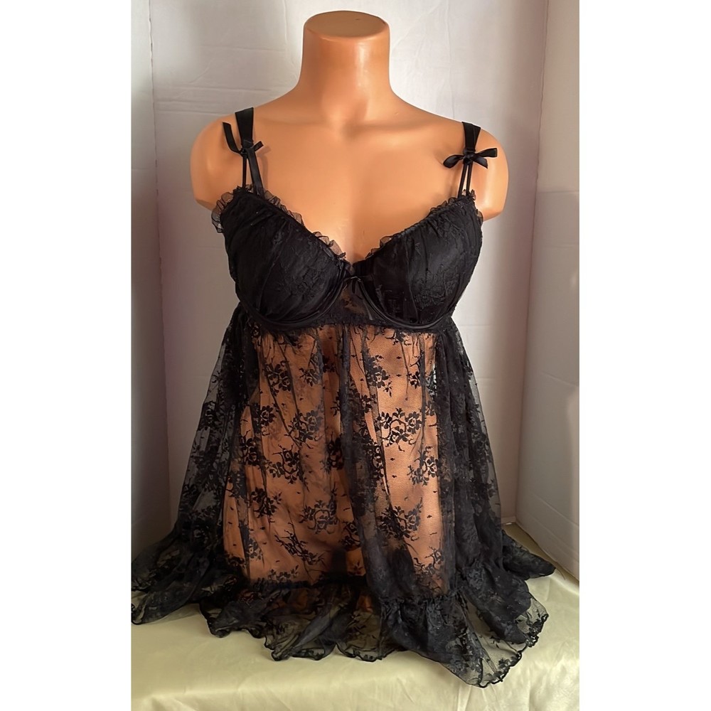 Black PEEK A BOO lacie babydoll negligee nightgown chemise Lingerie 2XL - Picture 1 of 7